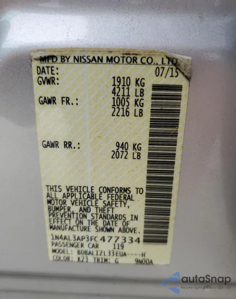 2015 Nissan Altima 2.5 z USA, uszkodzony, nr VIN 1N4AL3AP3FC477334